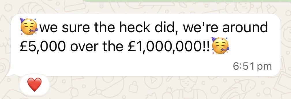 Client message about growing from 668k to 1.15 million in revenue
