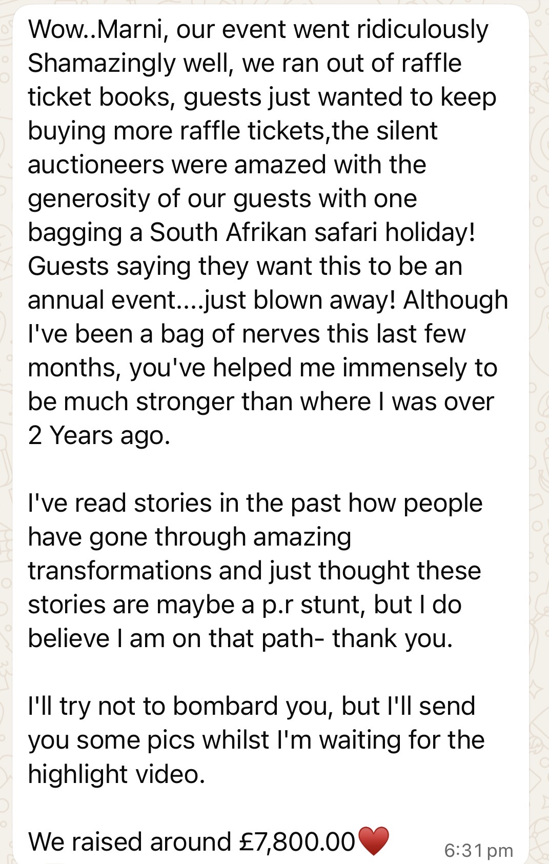 Client message about a charity event raising seven thousand eight hundred pounds